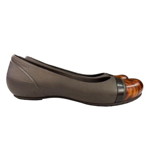 CROCS Cap Toe Tortoise Flats Slip‎ On Womens Brown Size 8 - Picture 1 of 11